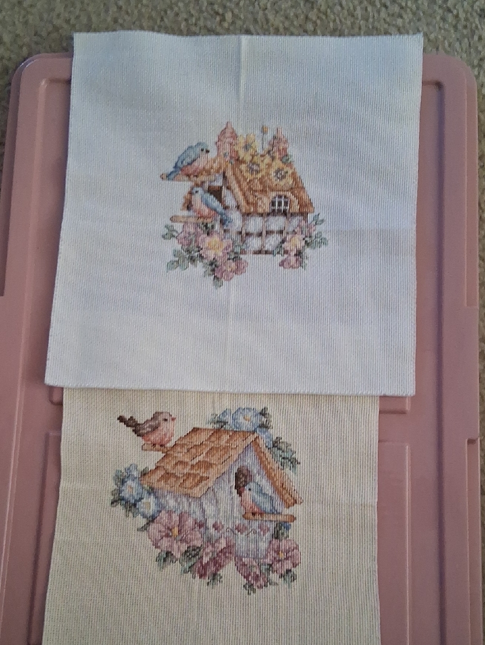 Hand-Embroidered Birdhouse Cross Stitch Panel in Pastel Pink and Cream